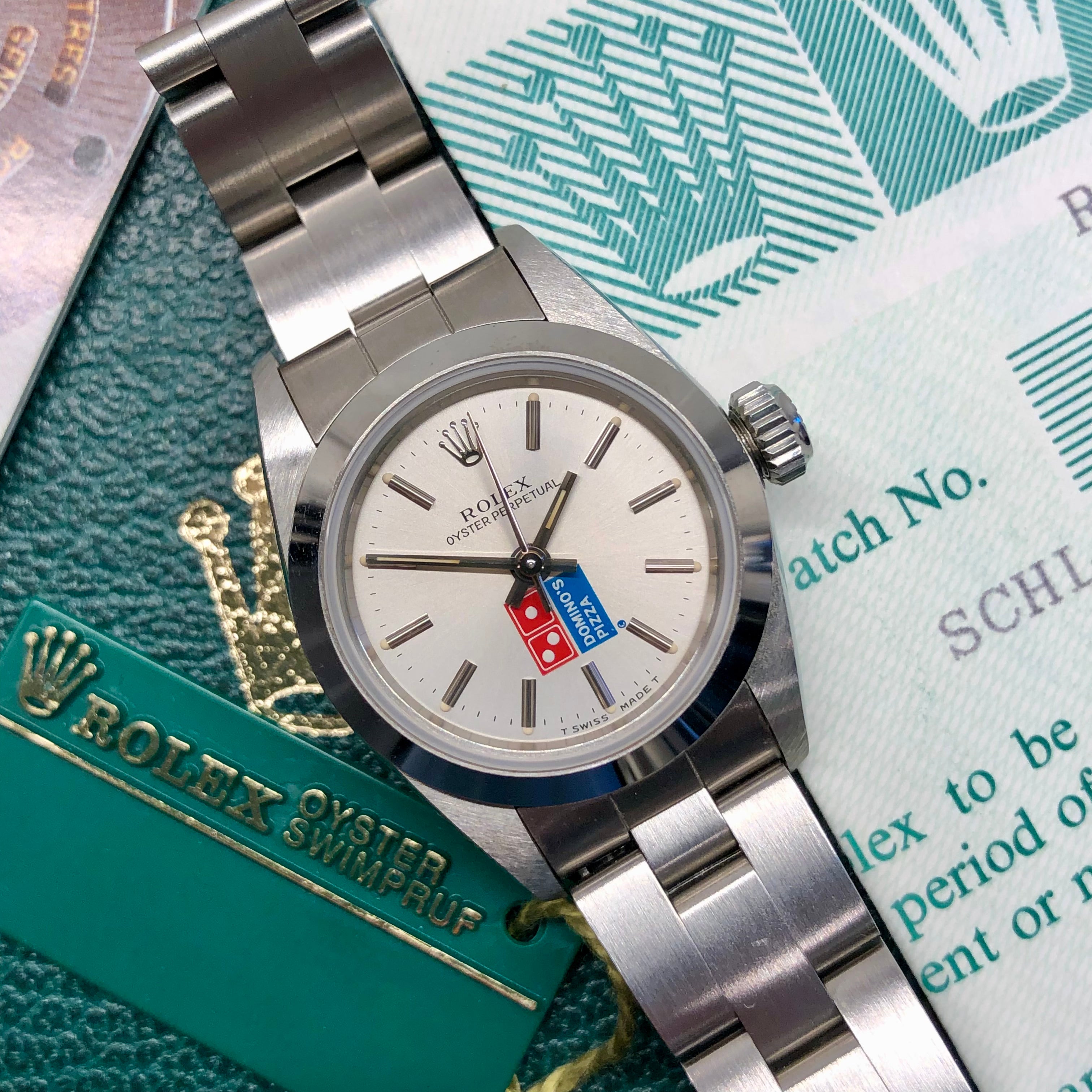 1991 Rolex Oyster Perpetual 67180 Domino's Pizza Logo Steel Oyster  Automatic Wristwatch with Box and Papers