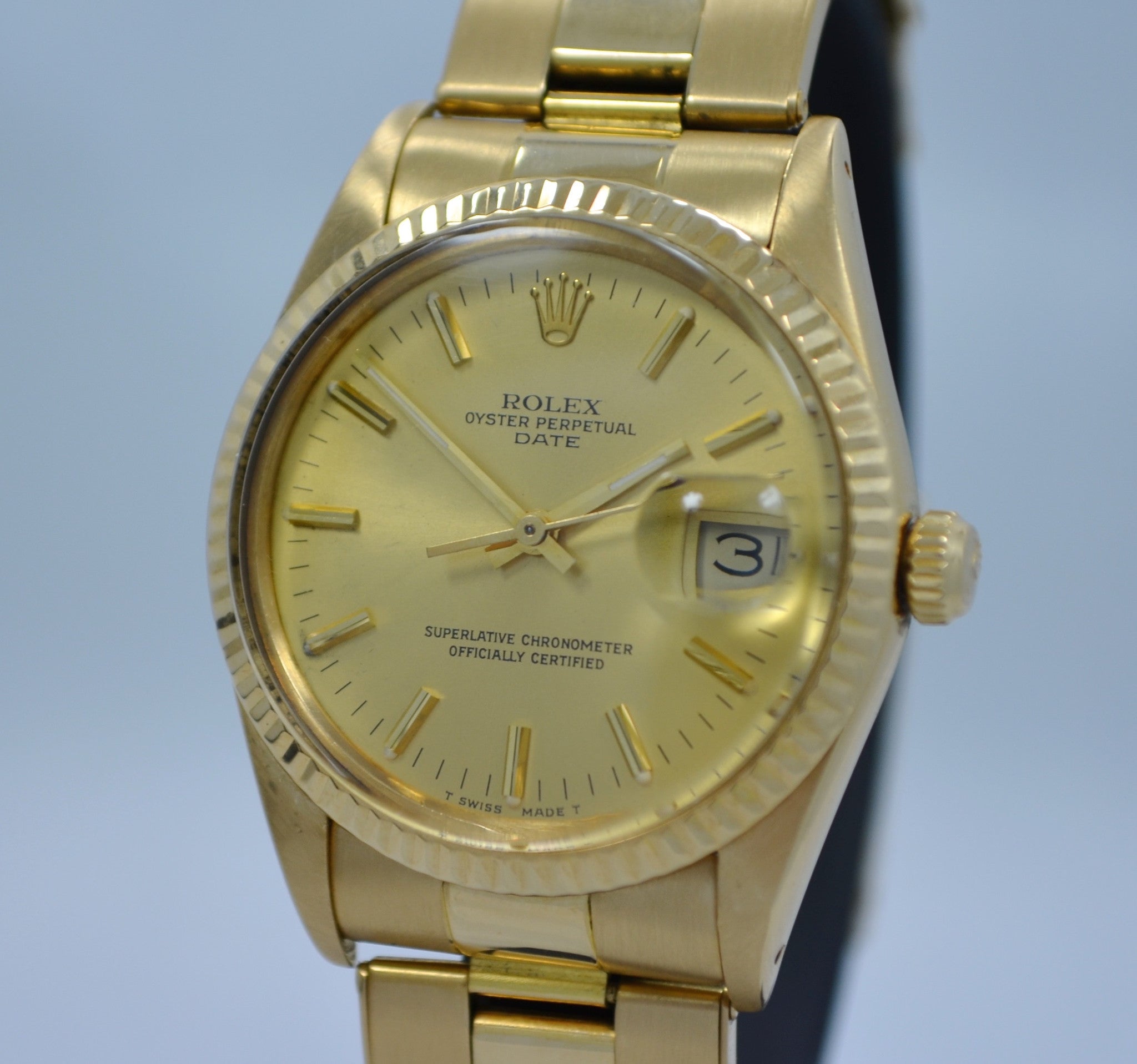 Vintage Rolex 15038 Oyster Perpetual Date 18K Yellow Gold LV Band 34