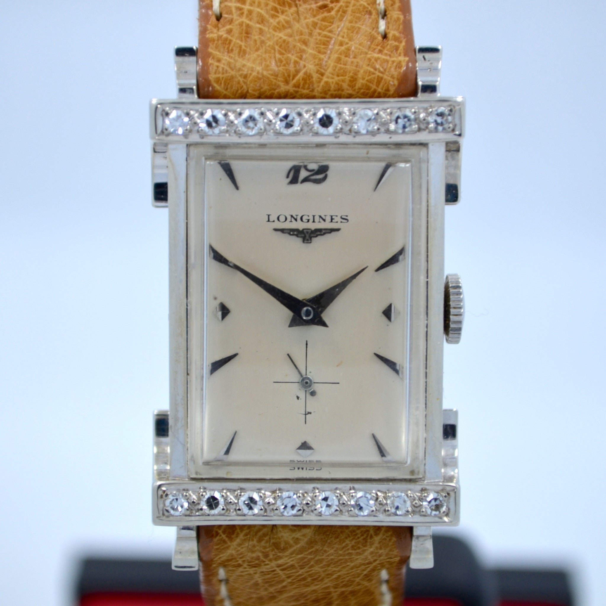 Vintage Longines Top Hat 14K White Gold Diamond Bezel 1940 s