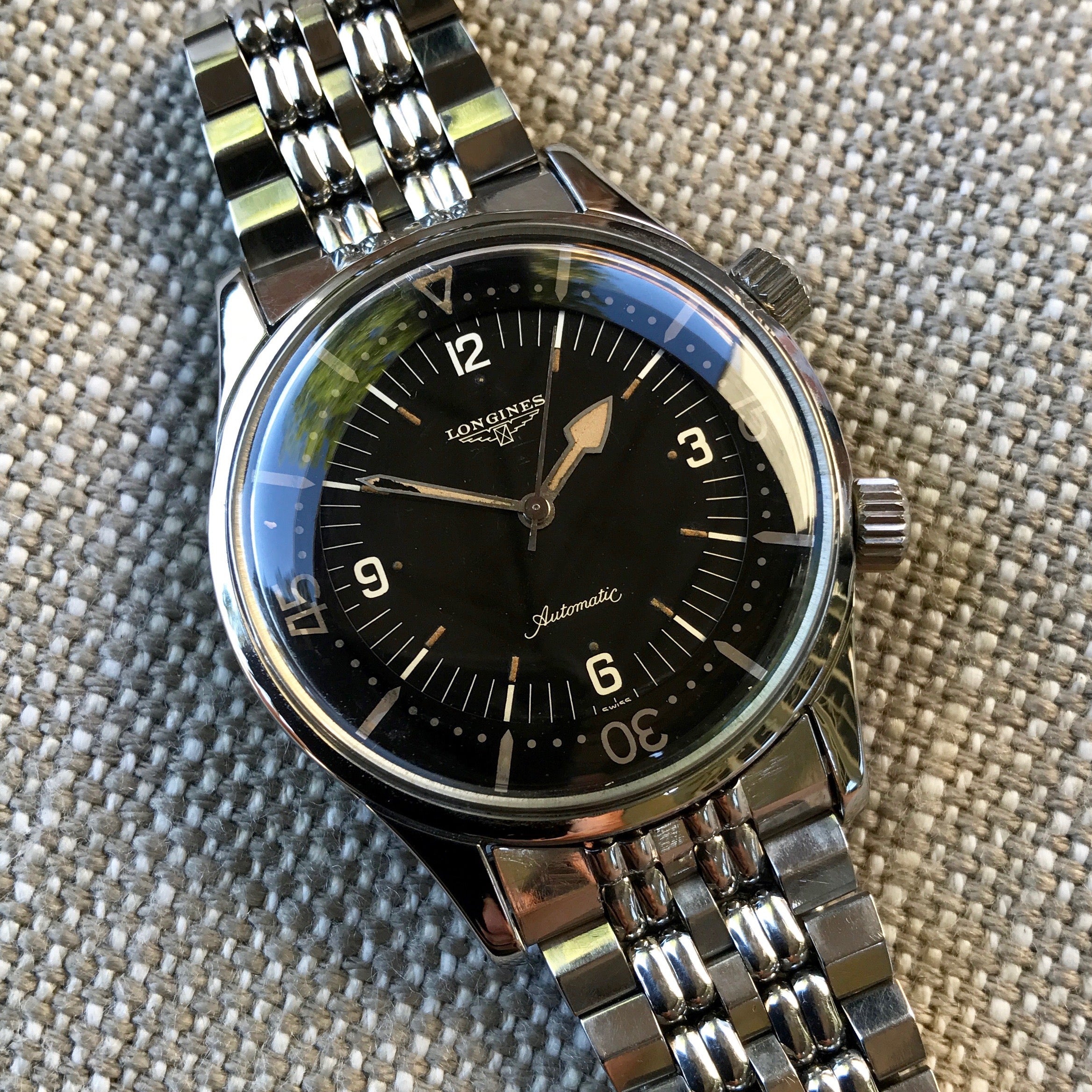 Vintage Longines Super Compressor 7042 Stainless Steel Automatic Black Gilt Wristwatch 1960 s HASHTAGWATCHCO