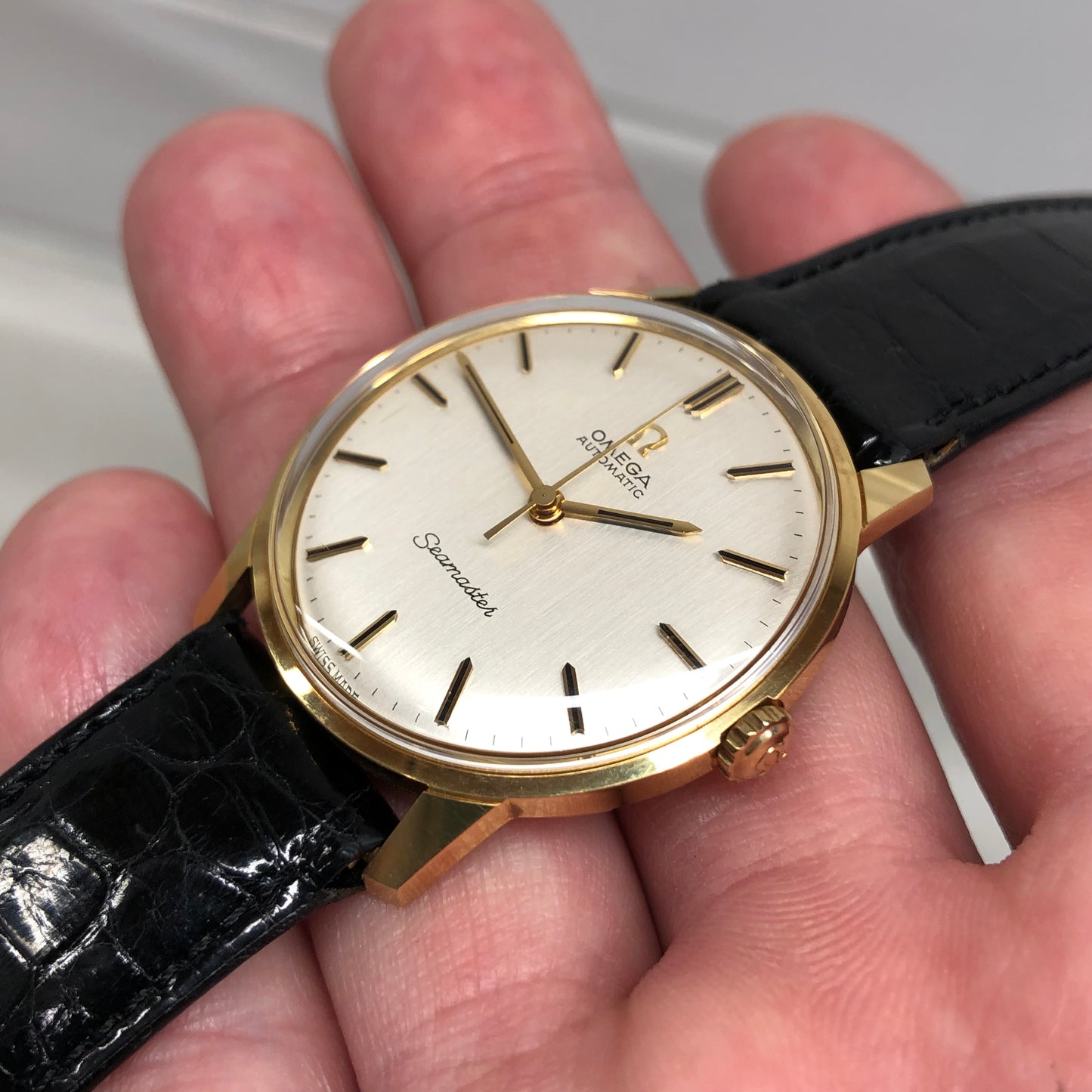 1966 Omega Seamaster 165.001 18K Yellow Gold Dress Watch Like Old Stock Autoamtic 35mm Wristwatch - HASHTAGWATCHCO