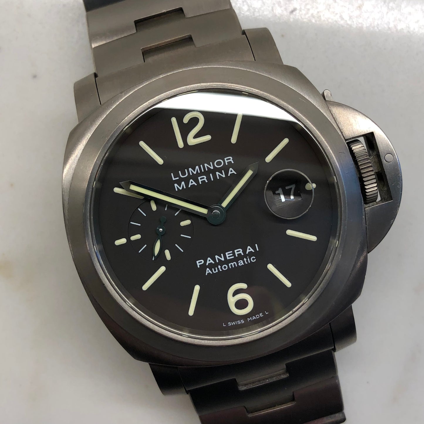 1999 Panerai Luminor Marina PAM 296 44mm Titanium Tobacco Brown Automatic Wristwatch