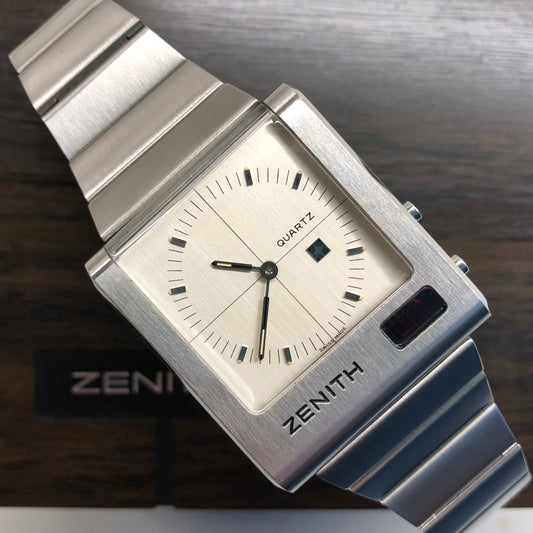 1970s Zenith Time Command 02.0014.441 Stainless Steel Quartz Wristwatch with Box and Owners Manual