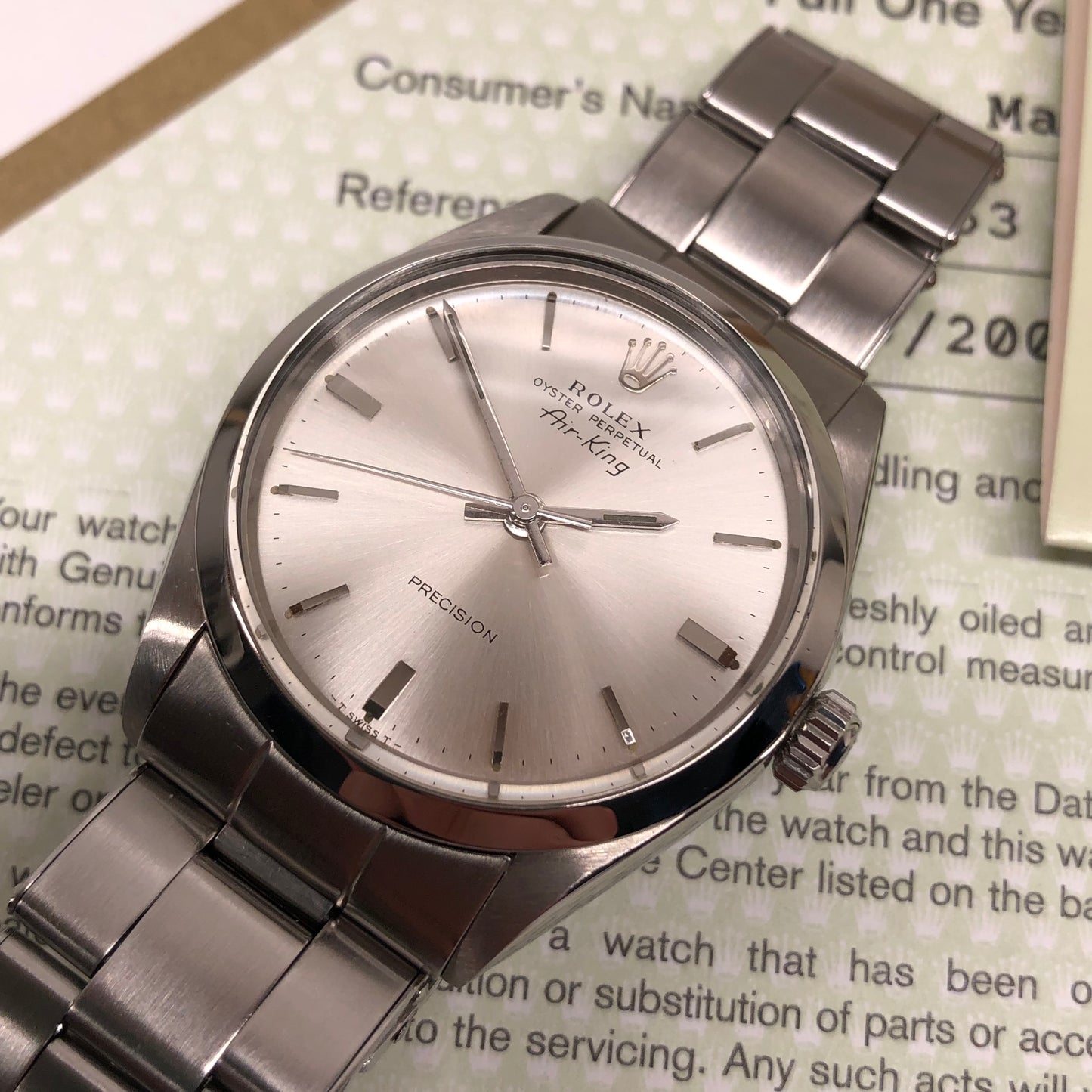 1968 Rolex Air King Precision 5500 Steel Silver Dial Automatic Wristwatch with Rolex Service Papers