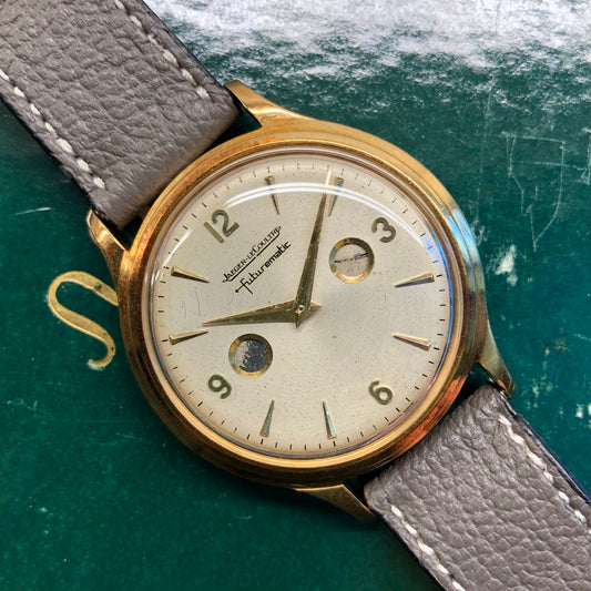 1950s Jaeger LeCoultre Futurematic E502 Porthole 18K Yellow Gold Automatic Wristwatch with Box