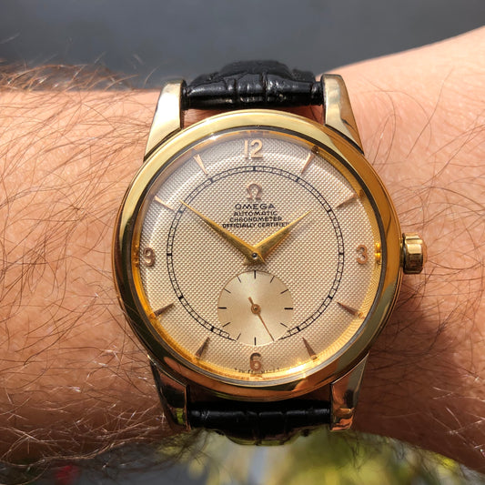 1947 Omega 2493-1 Chronometer Gold Cap Waffle Dial Caliber 333 Automatic Dress 36mm Wristwatch