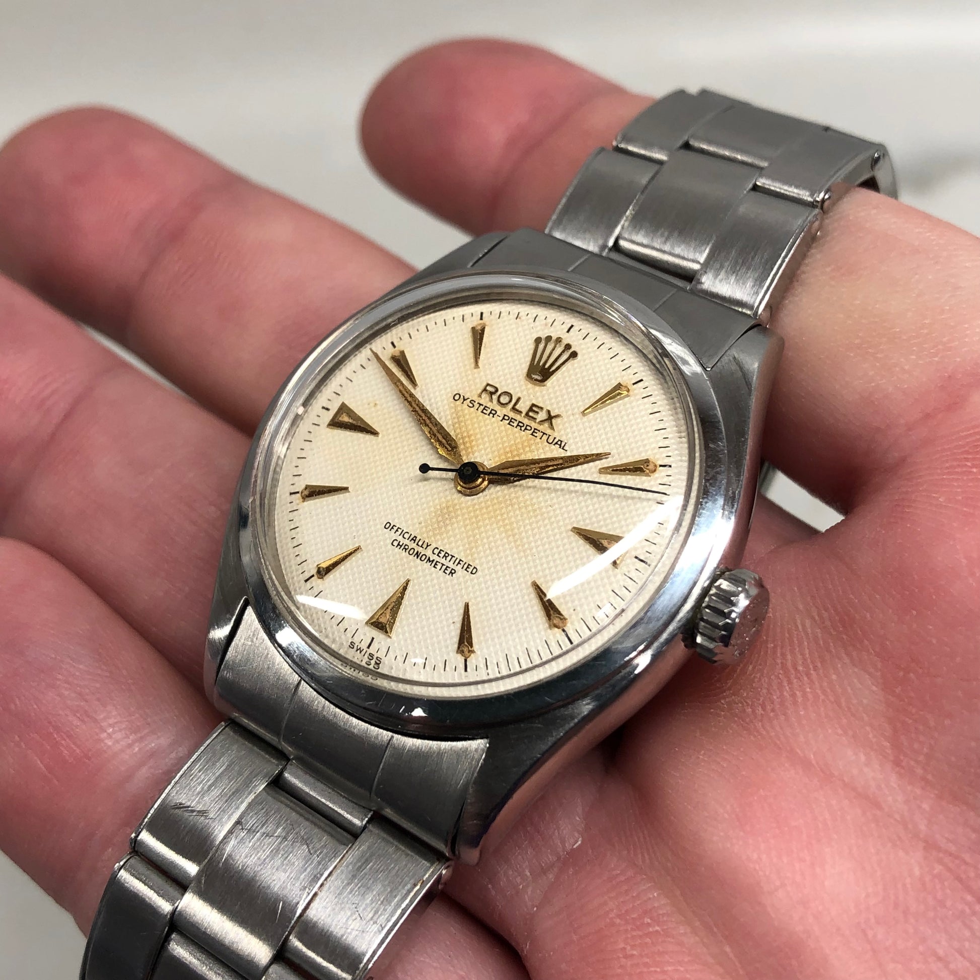 1958 Rolex Oyster Perpetual 6084 White Waffle Dial Big Logo Steel Rivet Bracelet Automatic Wristwatch - HASHTAGWATCHCO