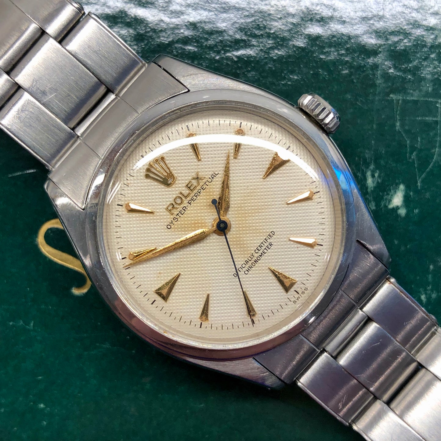 1958 Rolex Oyster Perpetual 6084 White Waffle Dial Big Logo Steel Rivet Bracelet Automatic Wristwatch - HASHTAGWATCHCO