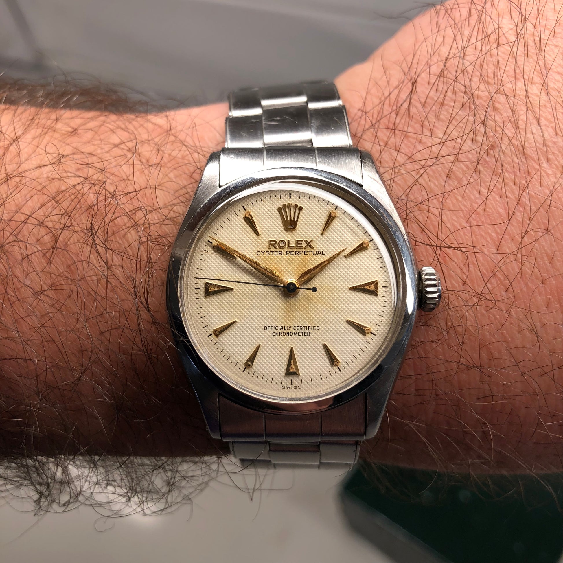 1958 Rolex Oyster Perpetual 6084 White Waffle Dial Big Logo Steel Rivet Bracelet Automatic Wristwatch - HASHTAGWATCHCO