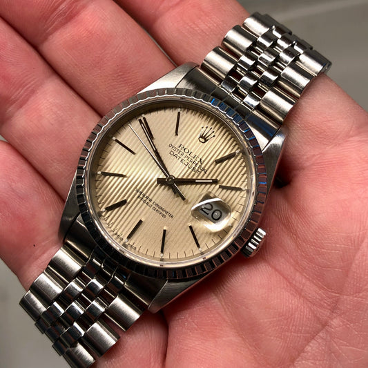 1991 Rolex Datejust 16220 Silver Tapestry Steel Jubilee Wristwatch with Box and Papers - HASHTAGWATCHCO