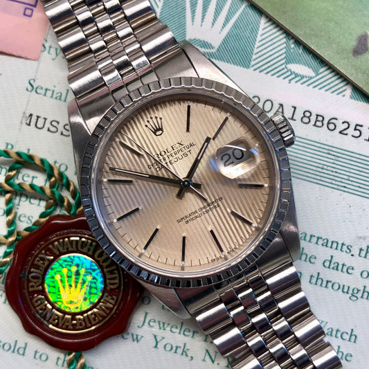 1991 Rolex Datejust 16220 Silver Tapestry Steel Jubilee Wristwatch with Box and Papers - HASHTAGWATCHCO