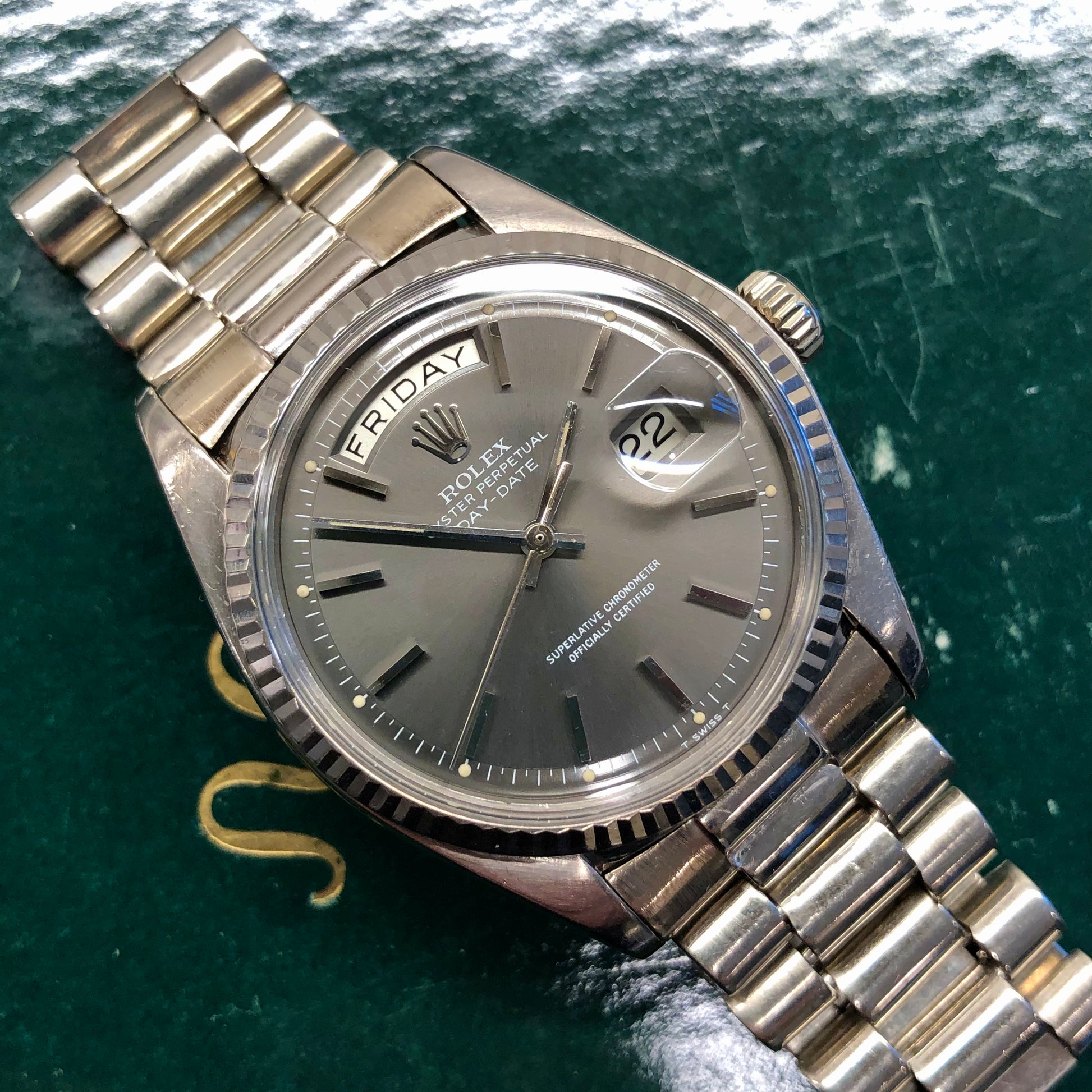 1976 Rolex President 1803 Day Date 18K White Gold Gray Dial Automatic Wristwatch - HASHTAGWATCHCO