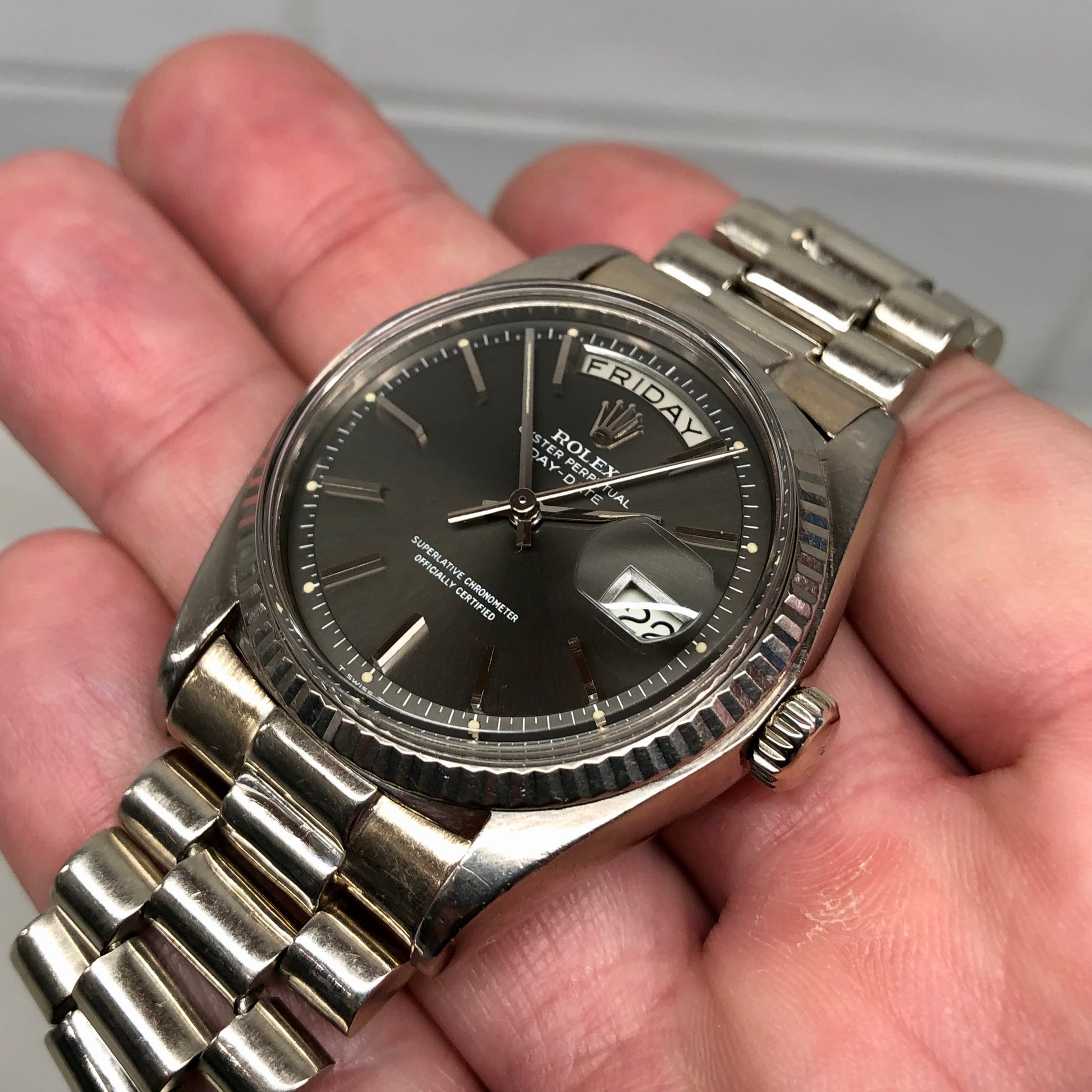 1976 Rolex President 1803 Day Date 18K White Gold Gray Dial Automatic Wristwatch - HASHTAGWATCHCO