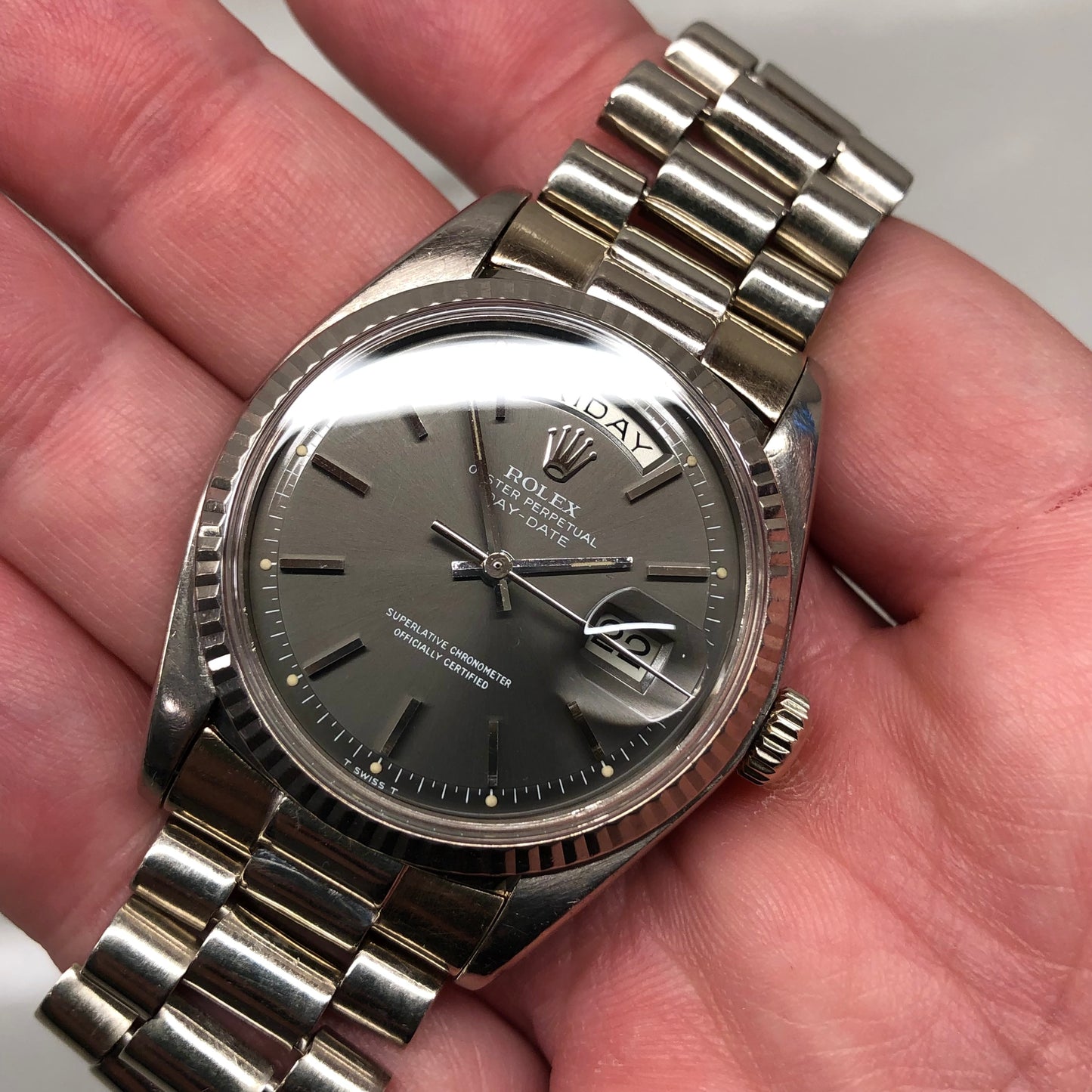 1976 Rolex President 1803 Day Date 18K White Gold Gray Dial Automatic Wristwatch - HASHTAGWATCHCO