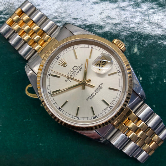 1990 Rolex Datejust 16233 Silver Stainless Steel Gold Two Tone Jubilee Wristwatch - HASHTAGWATCHCO