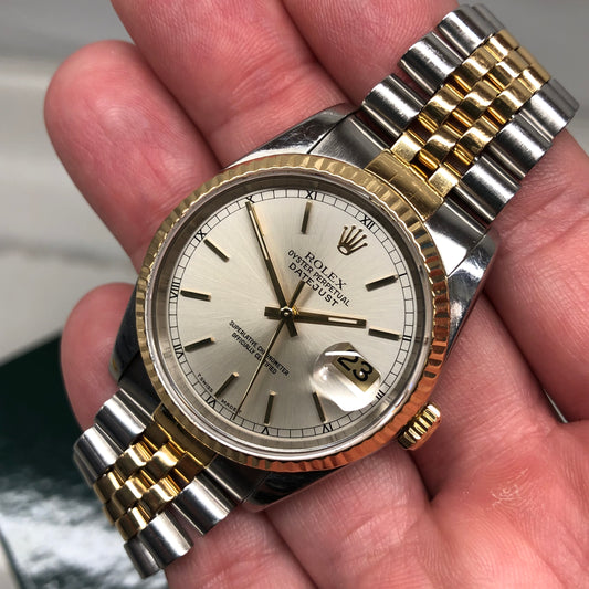 1990 Rolex Datejust 16233 Silver Stainless Steel Gold Two Tone Jubilee Wristwatch - HASHTAGWATCHCO