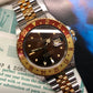 1985 Rolex GMT MASTER 16753 Root Beer Two Tone Steel and Gold Jubilee Nipple Dial Wristwatch with Box and Papers