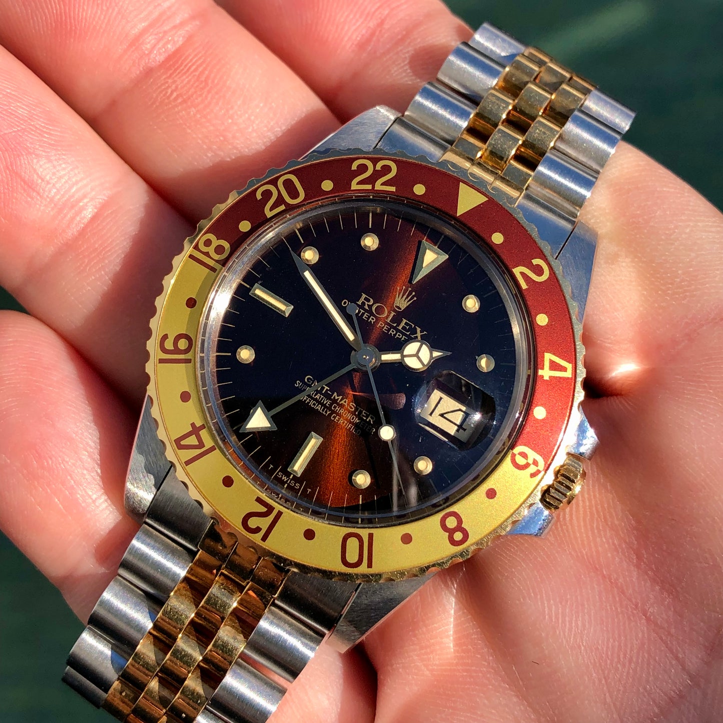 1985 Rolex GMT MASTER 16753 Root Beer Two Tone Steel and Gold Jubilee Nipple Dial Wristwatch with Box and Papers