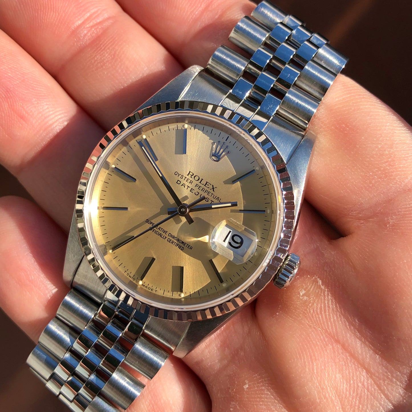 1990 Rolex Datejust 16234 Silver Steel White Gold Fluted Jubilee Wristwatch with Box and Papers