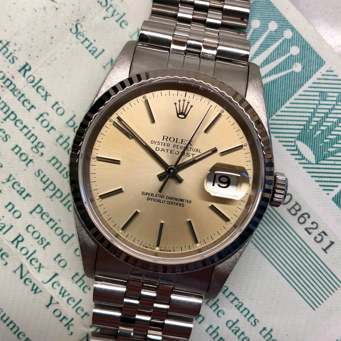 1990 Rolex Datejust 16234 Silver Steel White Gold Fluted Jubilee Wristwatch with Box and Papers