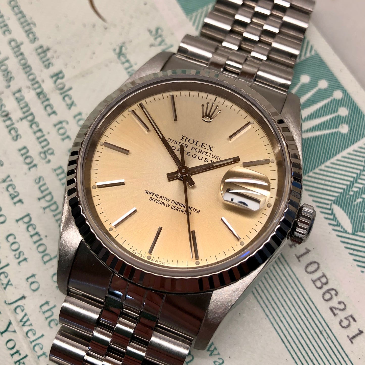 1990 Rolex Datejust 16234 Silver Steel White Gold Fluted Jubilee Wristwatch with Box and Papers