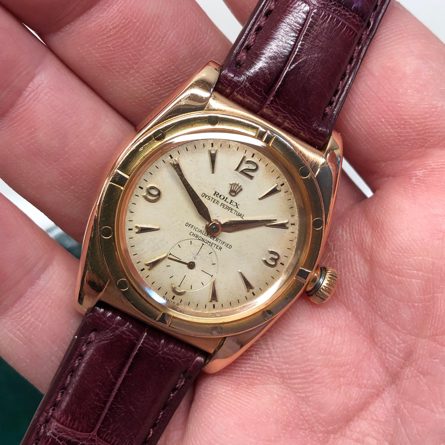 1940s Rolex Oyster Perpetual Bubbleback 3458 Chronometer 18K Rose Gold Automatic Wristwatch