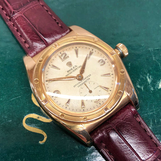 1940s Rolex Oyster Perpetual Bubbleback 3458 Chronometer 18K Rose Gold Automatic Wristwatch