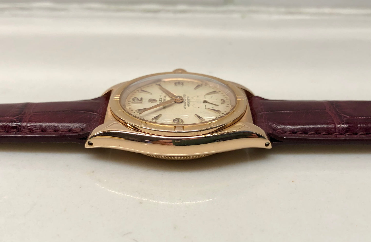 1940s Rolex Oyster Perpetual Bubbleback 3458 Chronometer 18K Rose Gold Automatic Wristwatch