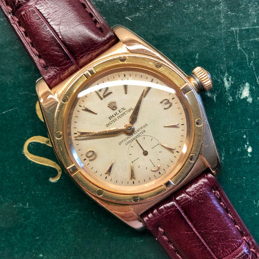 1940s Rolex Oyster Perpetual Bubbleback 3458 Chronometer 18K Rose Gold Automatic Wristwatch