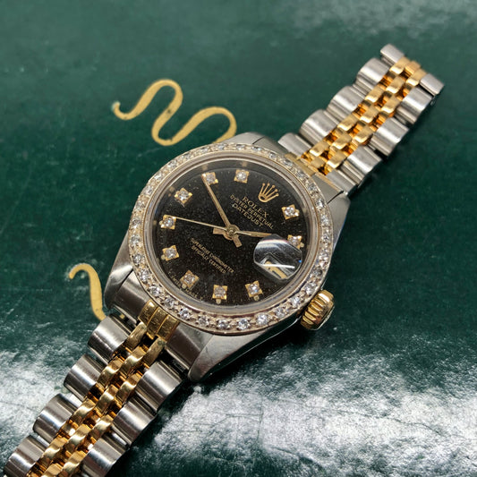 1987 Rolex Ladies Datejust 69163 Black Diamond Two Tone Jubilee Diamond Bezel Wristwatch