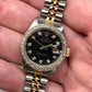 1987 Rolex Ladies Datejust 69163 Black Diamond Two Tone Jubilee Diamond Bezel Wristwatch