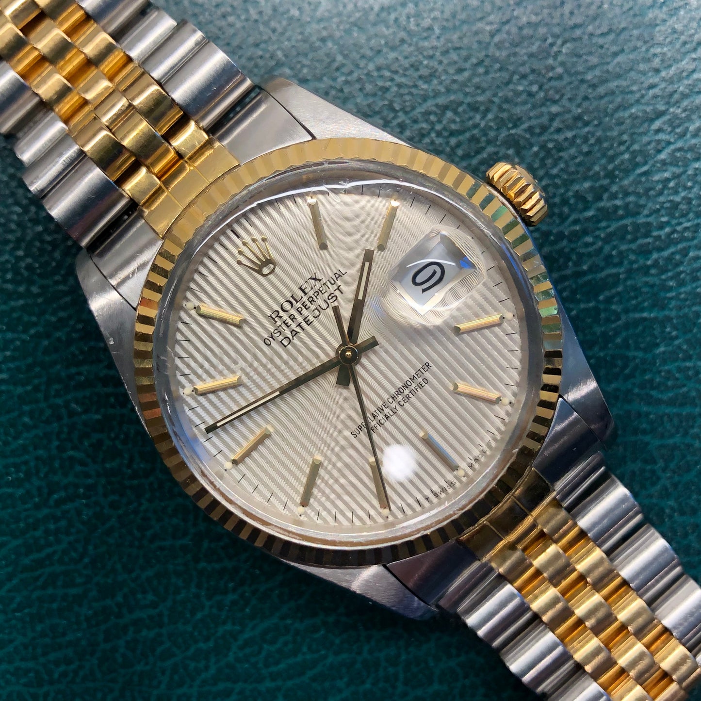 1986 Rolex Datejust 16013 Silver Tapestry Two Tone Jubilee Wristwatch with Box and Papers - Hashtag Watch Company