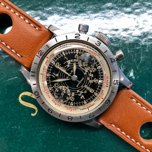 1940s Gallet Flying Officer Truman Black Dial Steel Clamshell Chronograph Valjoux 150 Wristwatch - HASHTAGWATCHCO