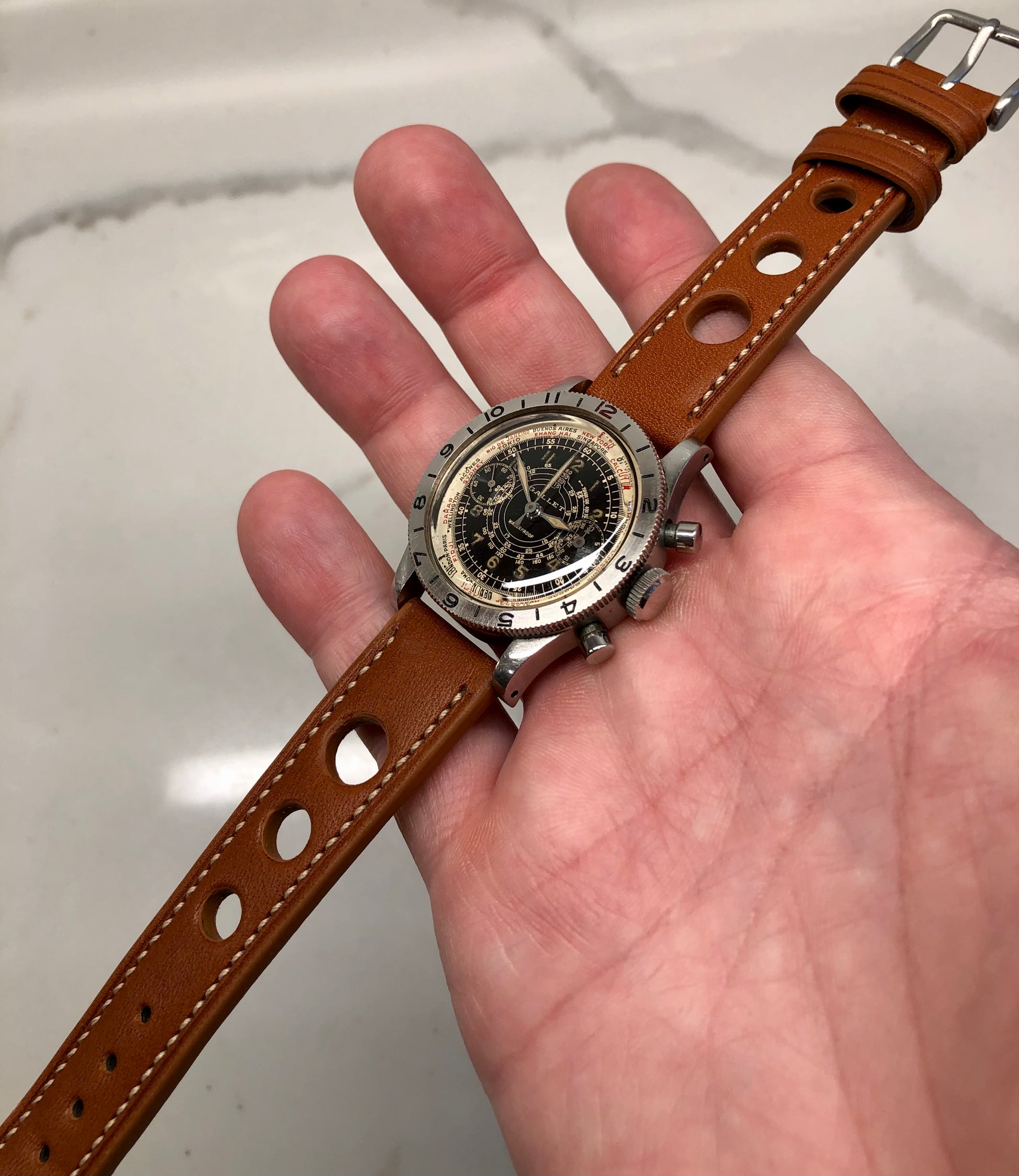 1940s Gallet Flying Officer Truman Black Dial Steel Clamshell Chronograph Valjoux 150 Wristwatch - HASHTAGWATCHCO