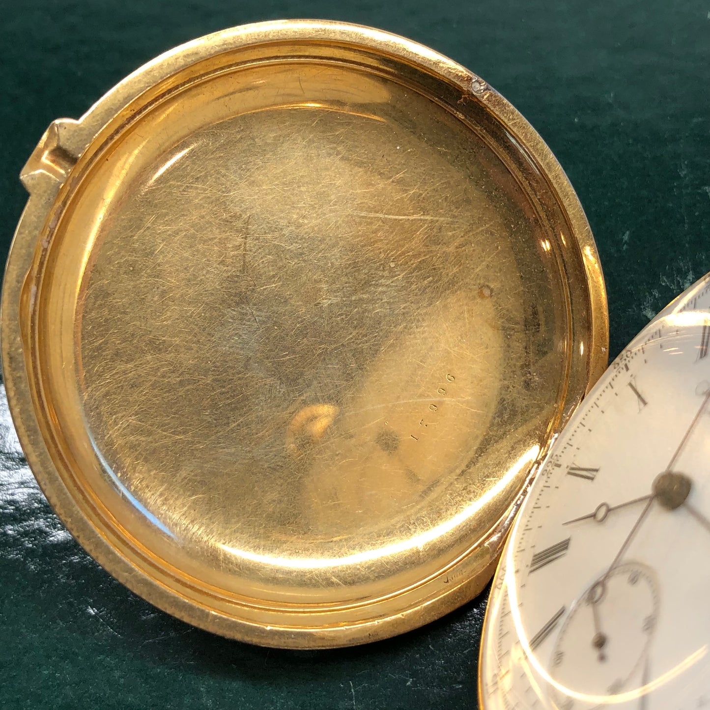 1918 James Kahn Geneva 18K Yellow Gold Chronograph White Porcelain Hunter Case Pocket Watch