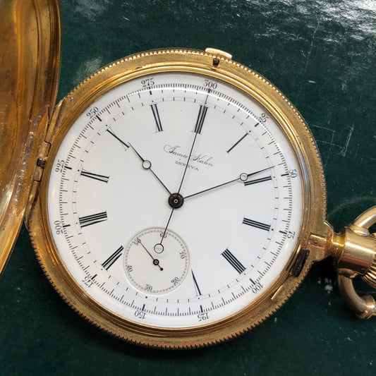 1918 James Kahn Geneva 18K Yellow Gold Chronograph White Porcelain Hunter Case Pocket Watch