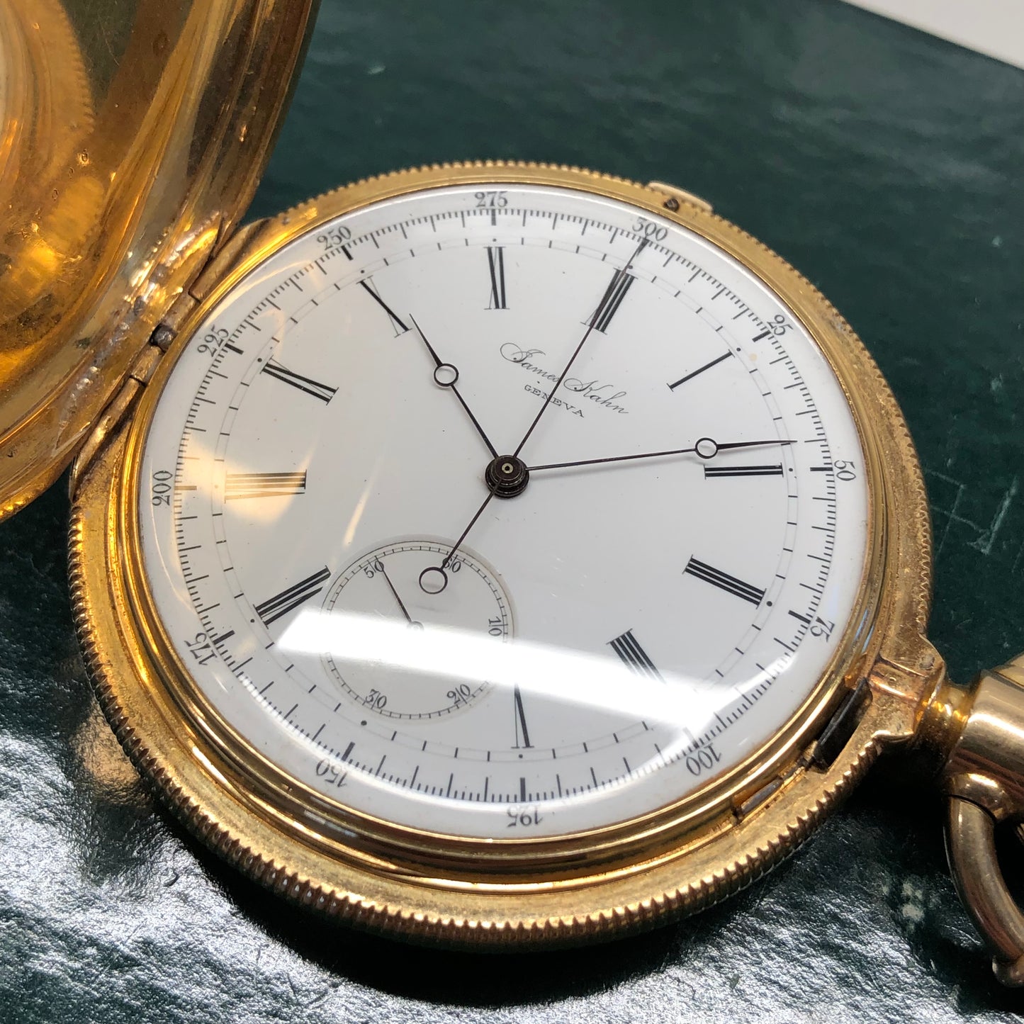 1918 James Kahn Geneva 18K Yellow Gold Chronograph White Porcelain Hunter Case Pocket Watch