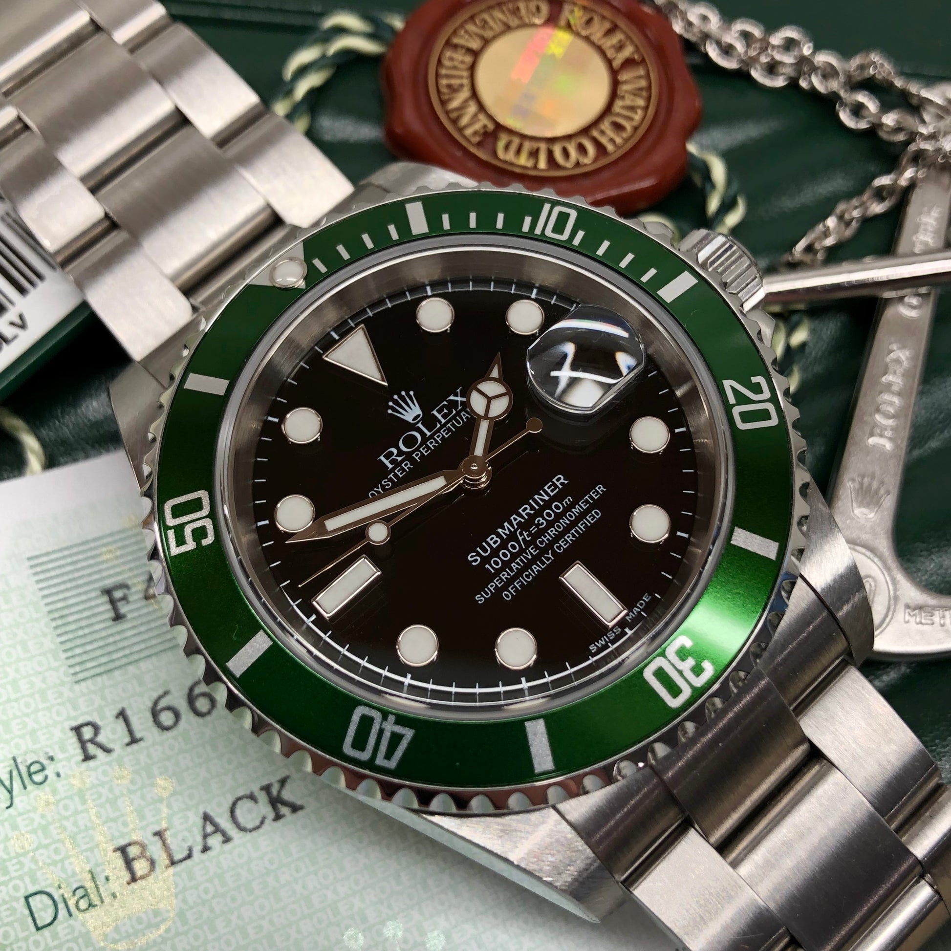 Rolex Submariner Green 50th Anniversary Flat 4 Steel Mens Watch 16610LV