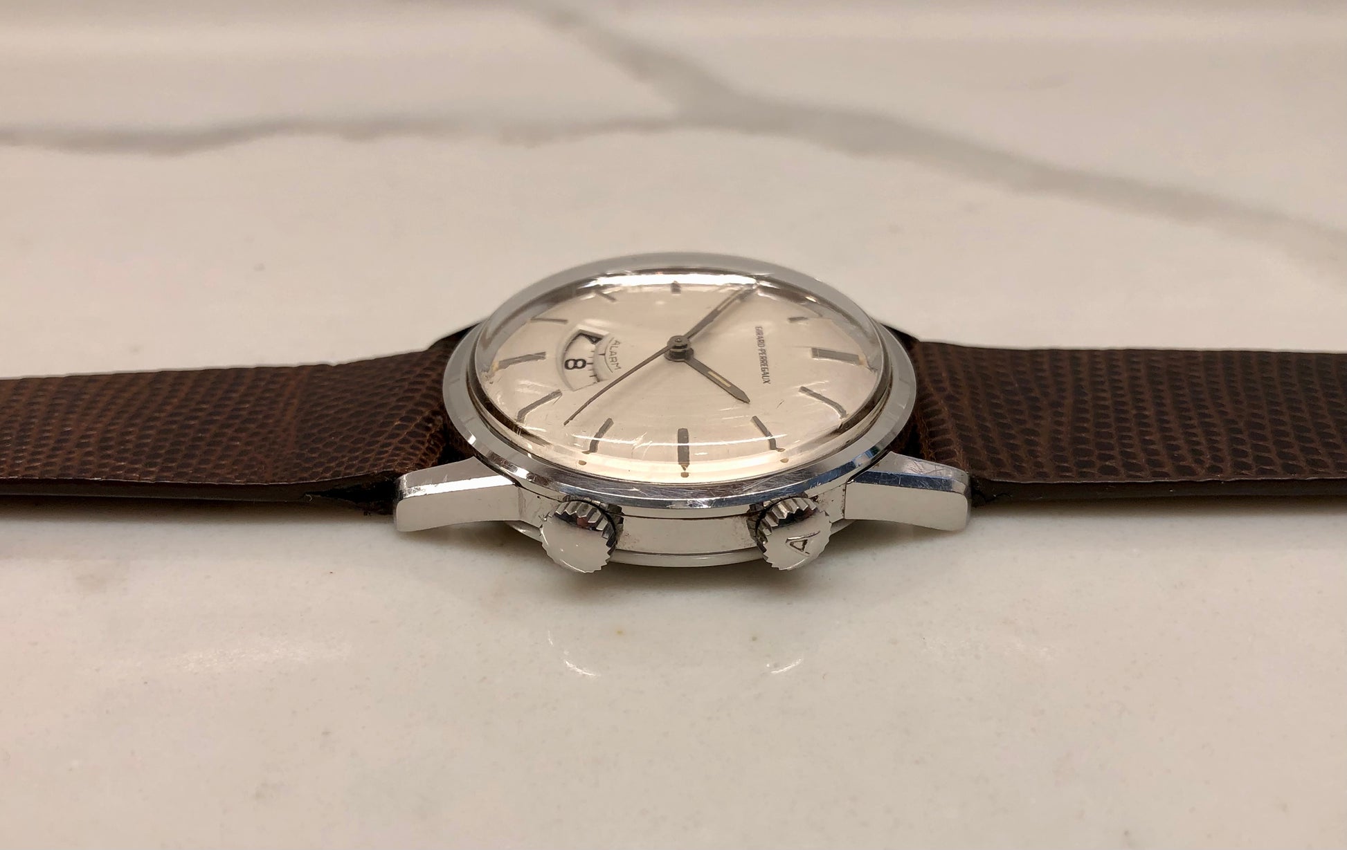 1960s Girard Perregaux Alarm 7742Y Stainless Steel Wristwatch - HASHTAGWATCHCO