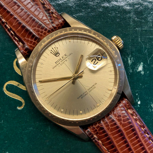 1973 Rolex Date 1512 Zephyr Oyster Perpetual Crosshair 14K Yellow Gold Wristwatch Unpolished