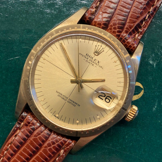 1973 Rolex Date 1512 Zephyr Oyster Perpetual Crosshair 14K Yellow Gold Wristwatch Unpolished