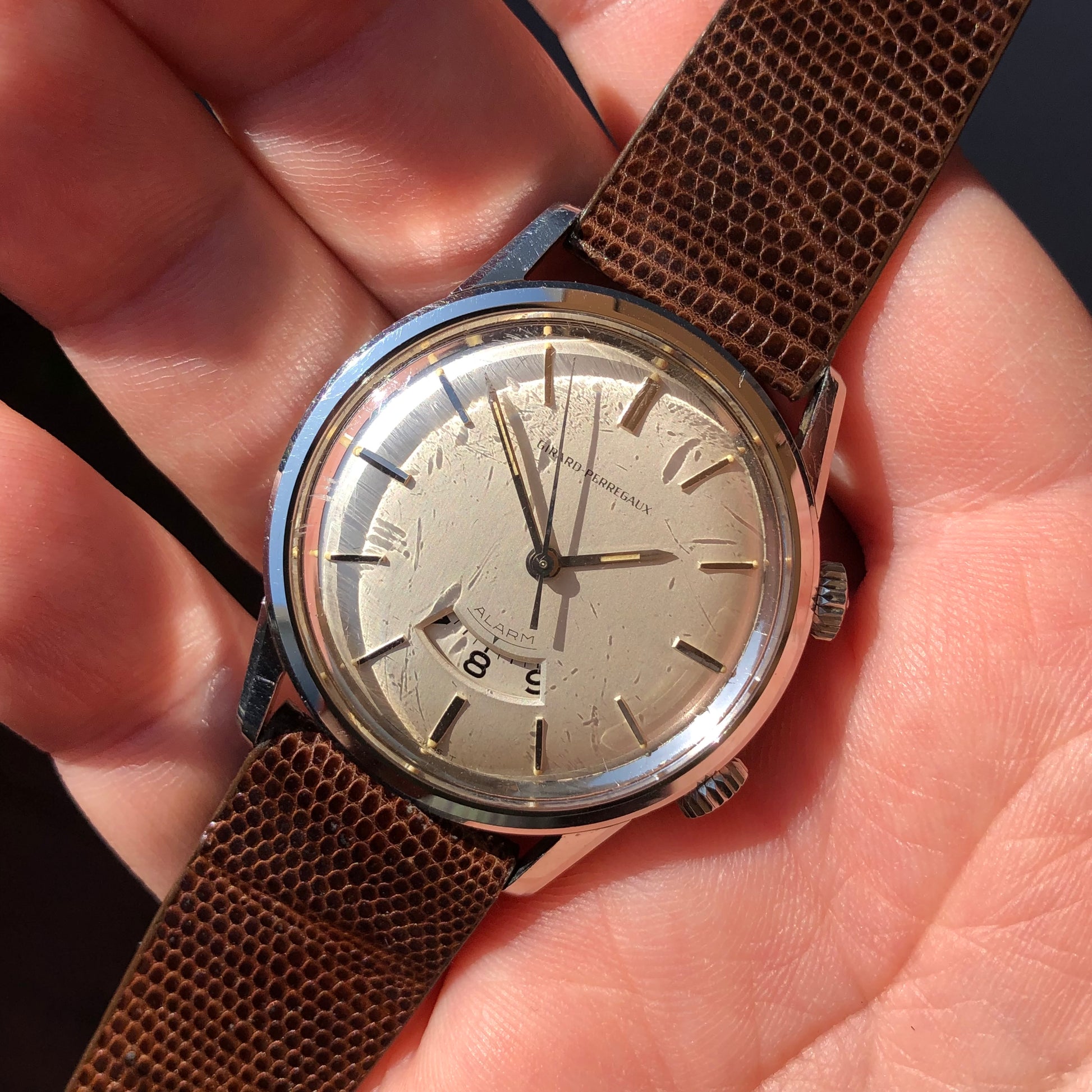 1960s Girard Perregaux Alarm 7742Y Stainless Steel Wristwatch - HASHTAGWATCHCO