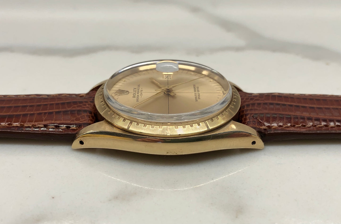 1973 Rolex Date 1512 Zephyr Oyster Perpetual Crosshair 14K Yellow Gold Wristwatch Unpolished