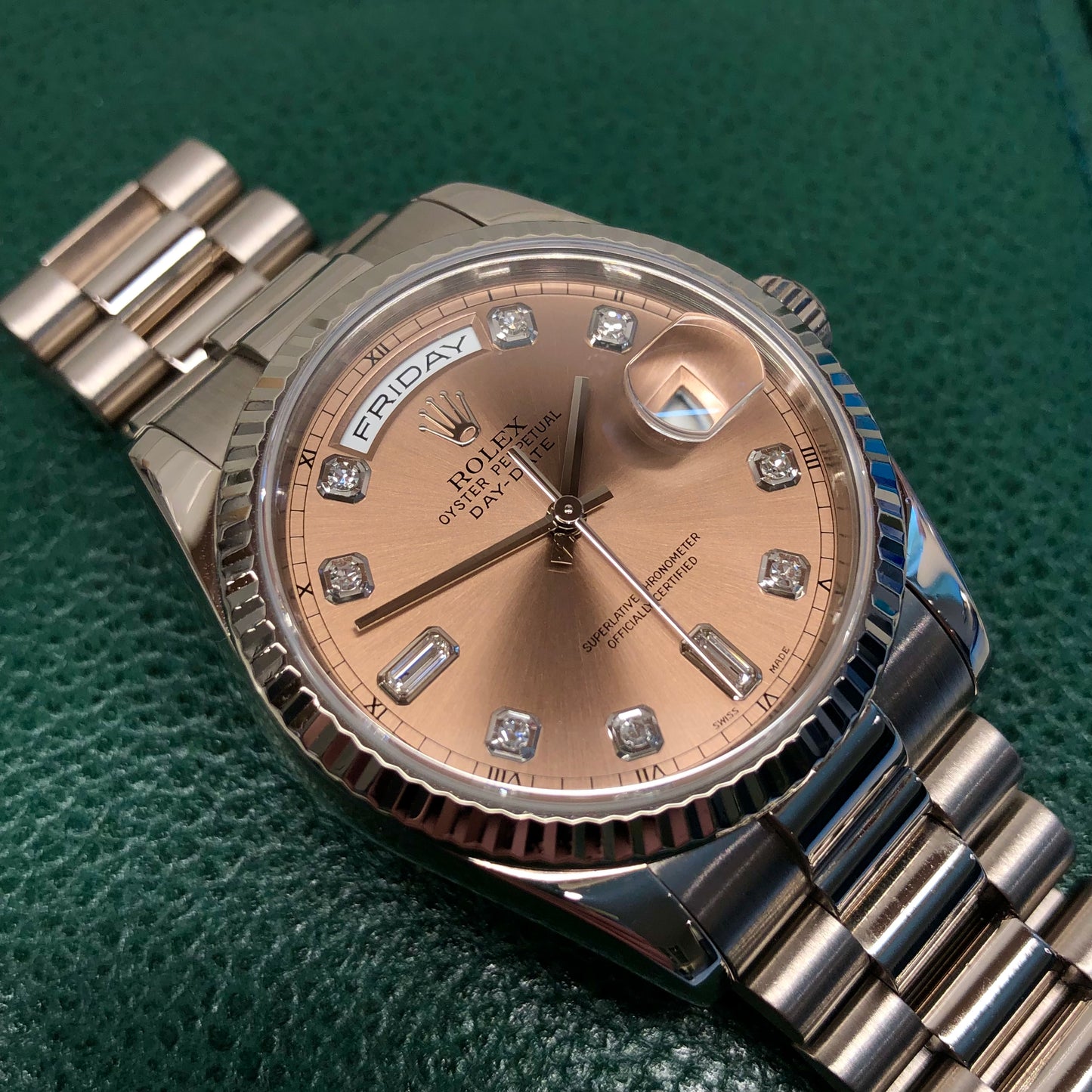 2000 Rolex President 118239 Day Date 18K White Gold Bronze Diamond Roman Dial Wristwatch - Hashtag Watch Company