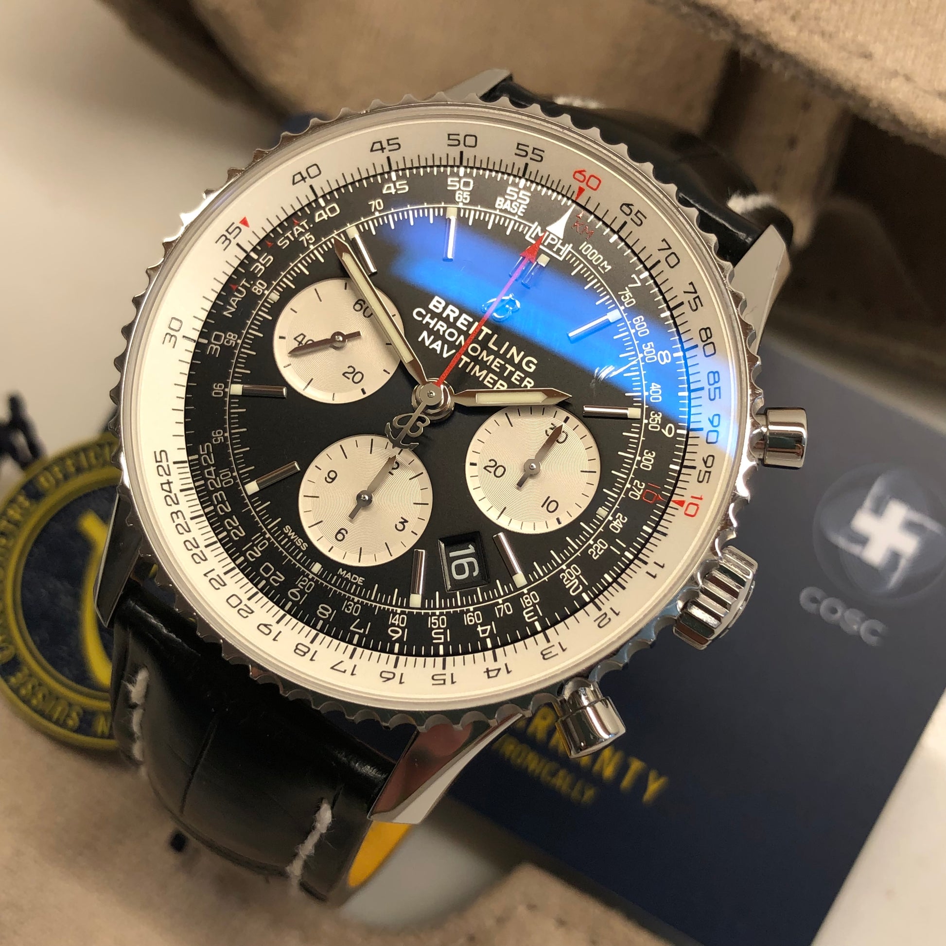 Breitling Navitimer B01 Chronograph 43 AB0121 Stainless Steel Leather Wristwatch with Box and Papers - HASHTAGWATCHCO