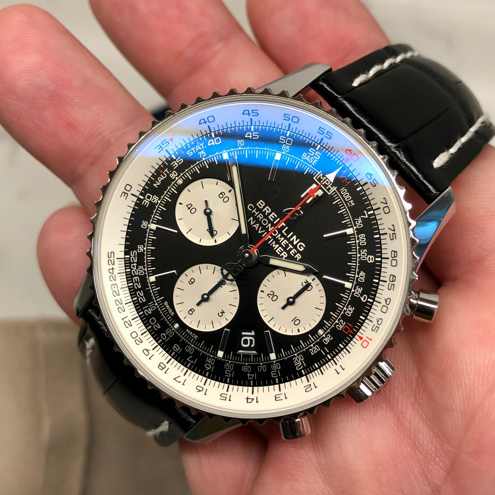 Breitling Navitimer B01 Chronograph 43 AB0121 Stainless Steel Leather Wristwatch with Box and Papers - HASHTAGWATCHCO