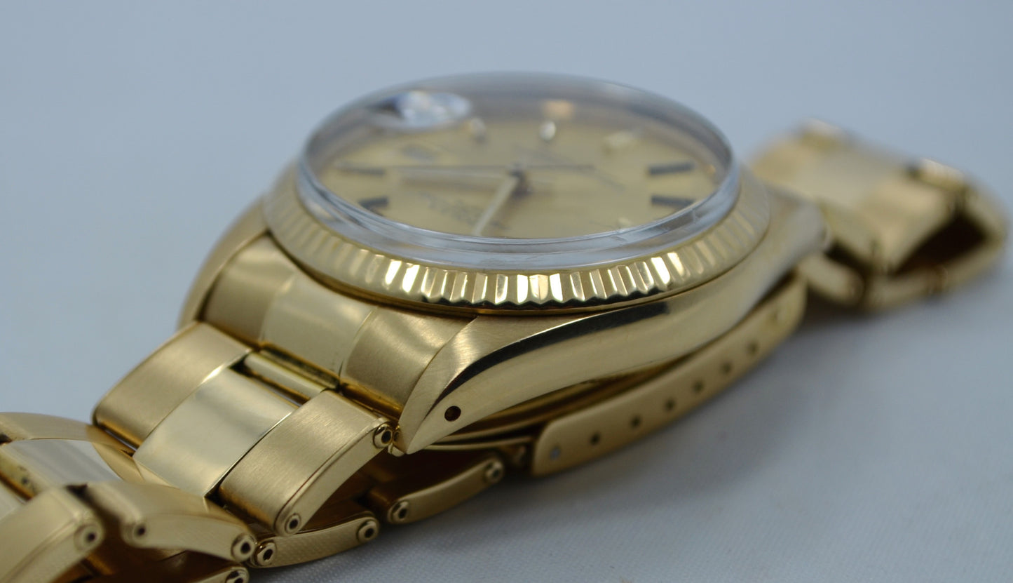 Vintage Rolex 15038 Oyster Perpetual Date 18K Yellow Gold 8.8 Mil 1985 Watch - Hashtag Watch Company