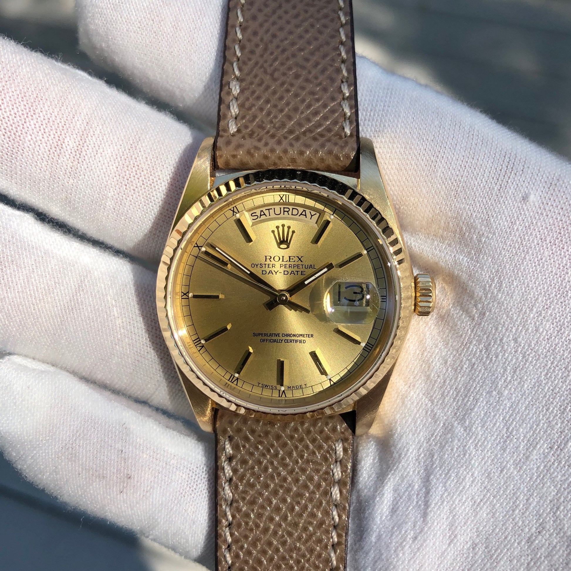 Rolex President 18038 Day Date 18K Yellow Gold Champagne Stick Wristwatch Circa 1986 - Hashtag Watch Company