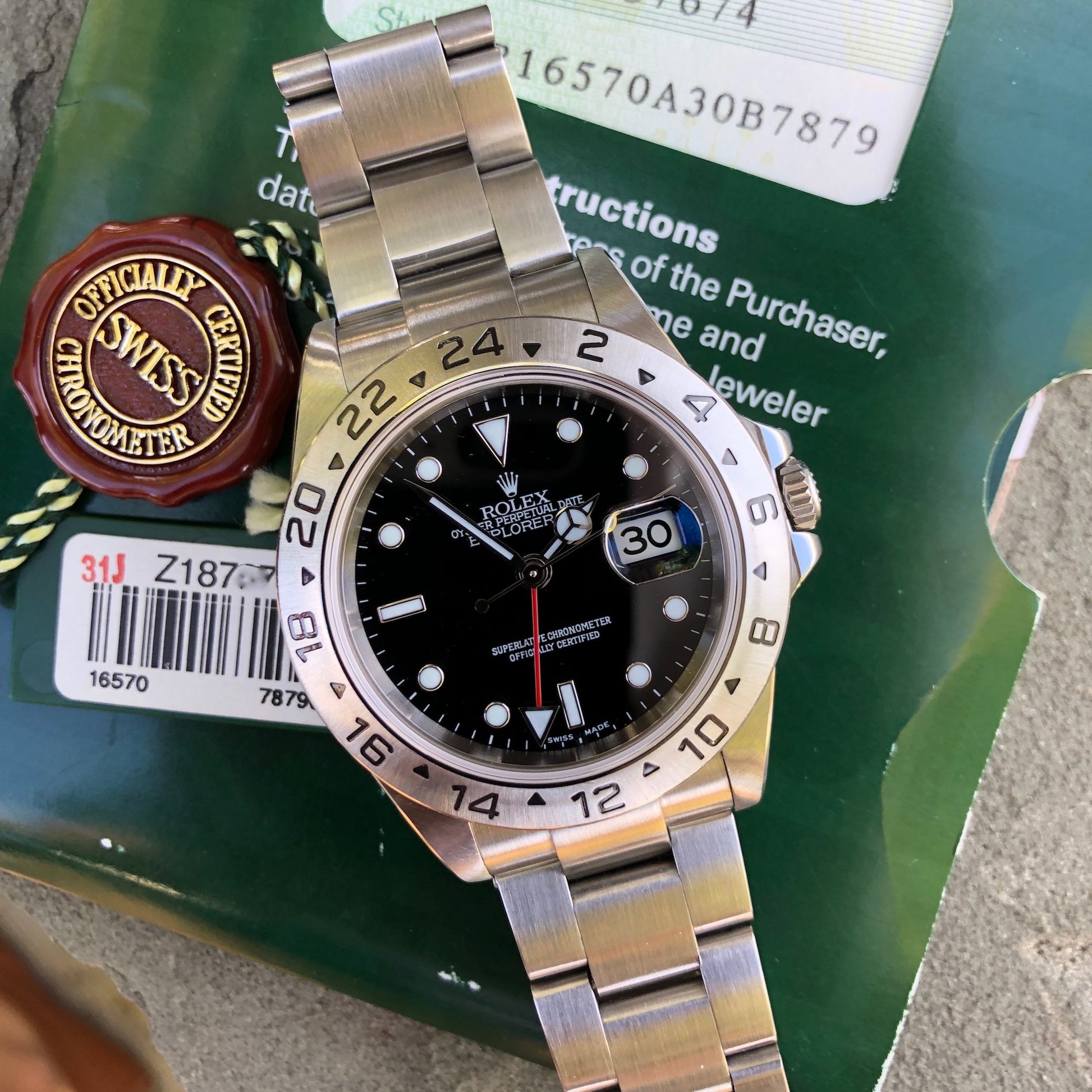 Rolex Explorer II 16570 Black Stainless Steel GMT Oyster Z Serial Wristwatch Box & Papers Circa 2006 - Hashtag Watch Company