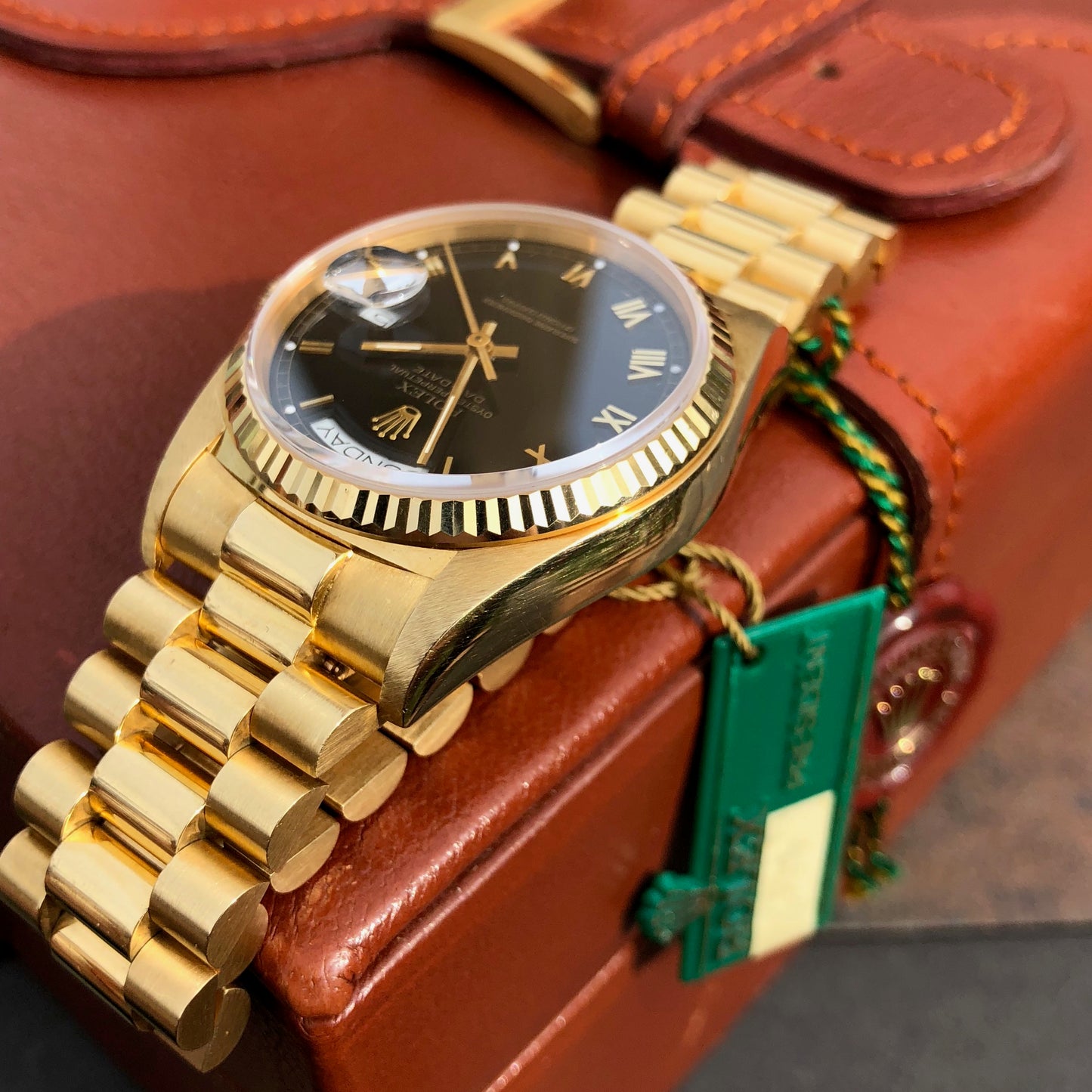 Rolex President 18038 Day Date 18K Yellow Gold Black Roman Circa 1984 Box & Tags - Hashtag Watch Company